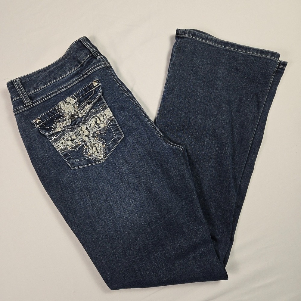 Vtg Earl Jean Womens‎ Slim Boot Jeans 8 Embellished Lace Studded Dark Wash Y2K